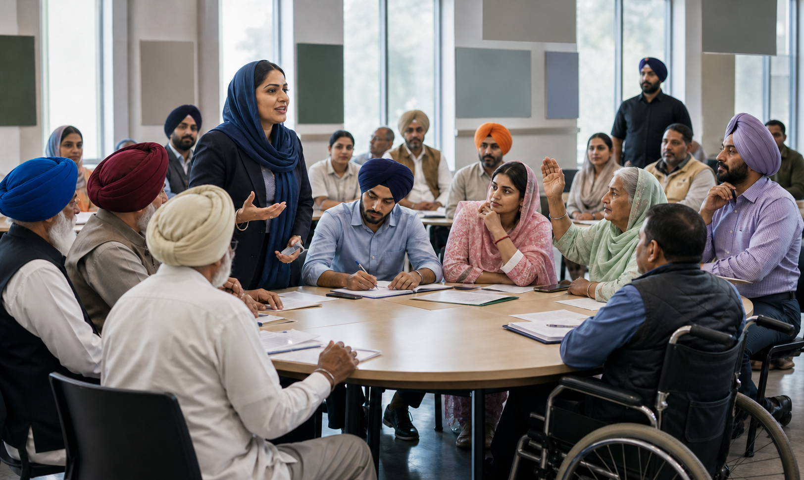 Sikh women and men participate with other citizens in a roundtable public consultation inside a community hall in Bharat.