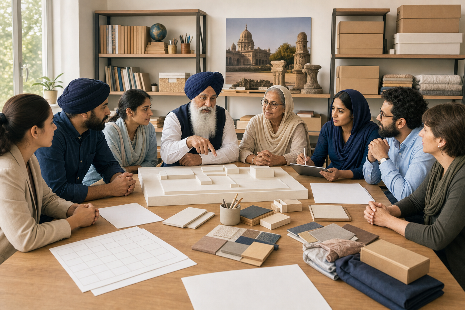 Sikh community organizers and support workers review education, legal-aid, heritage, and relief priorities together around a planning table.