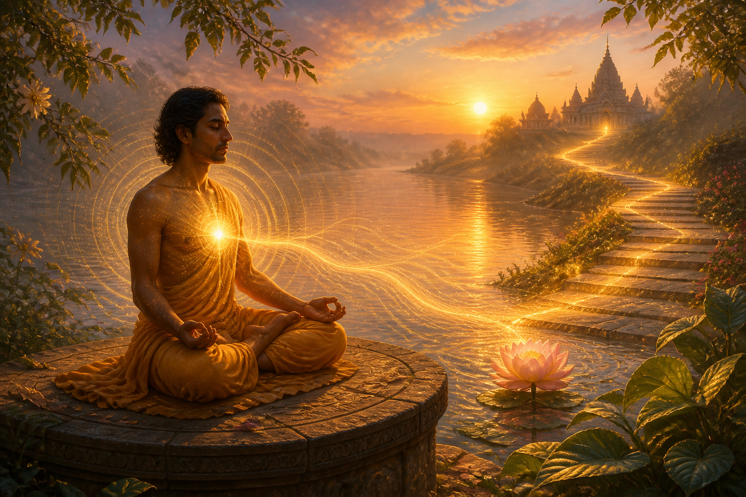 A seated practitioner beside a river at dawn, with golden light radiating from the heart toward a lotus, surrounding plants, and a distant temple path.