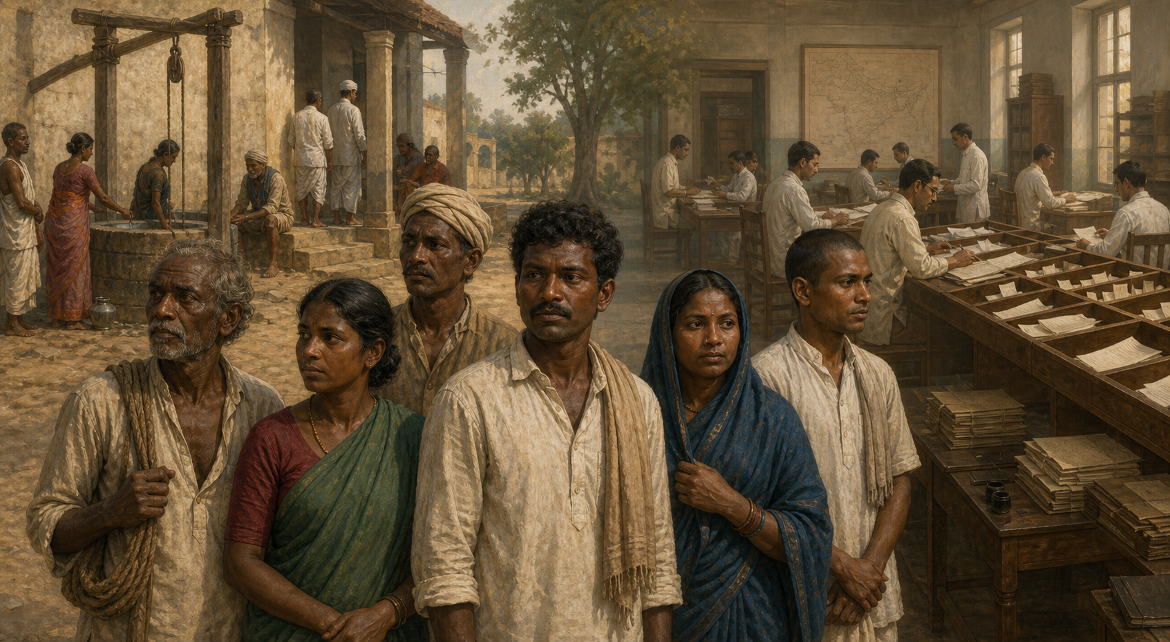 Indian villagers stand before a scene that shifts from social separation at a village well to a colonial records office where clerks sort census papers into compartments.