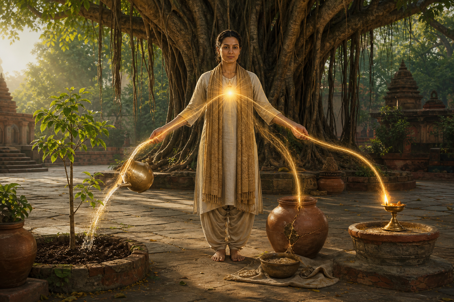 A person beneath a banyan tree directs a soft golden glow toward a sapling, a cracked clay vessel, and an oil lamp in a temple courtyard.