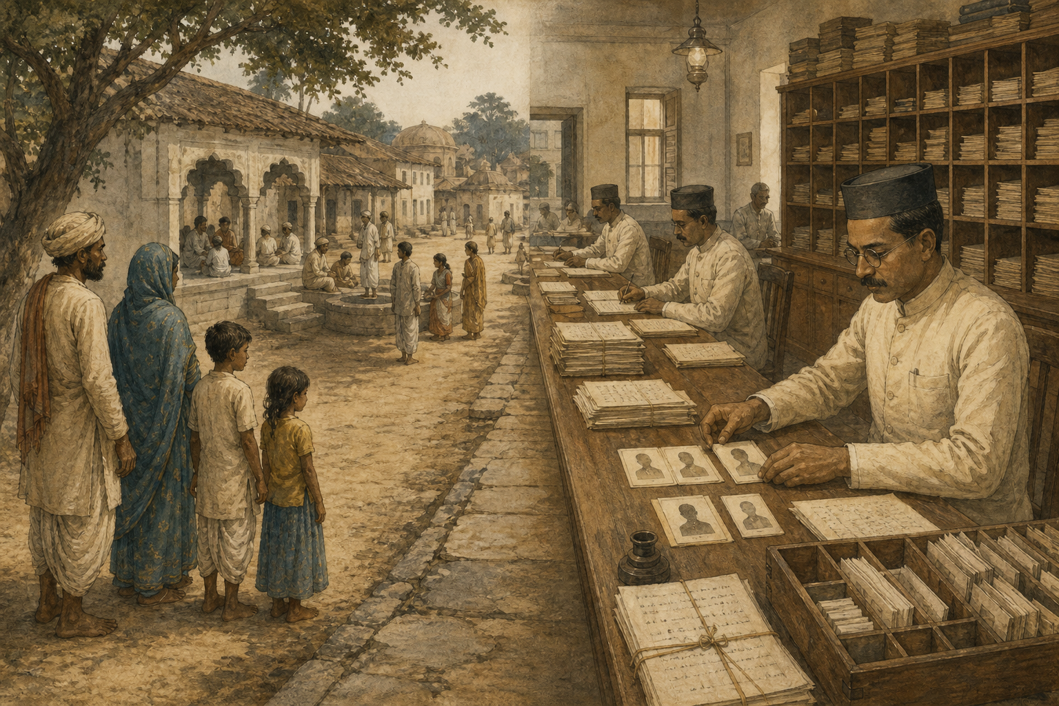 A two-part illustration contrasts social exclusion in an Indian village with colonial clerks organizing household records in a government office.
