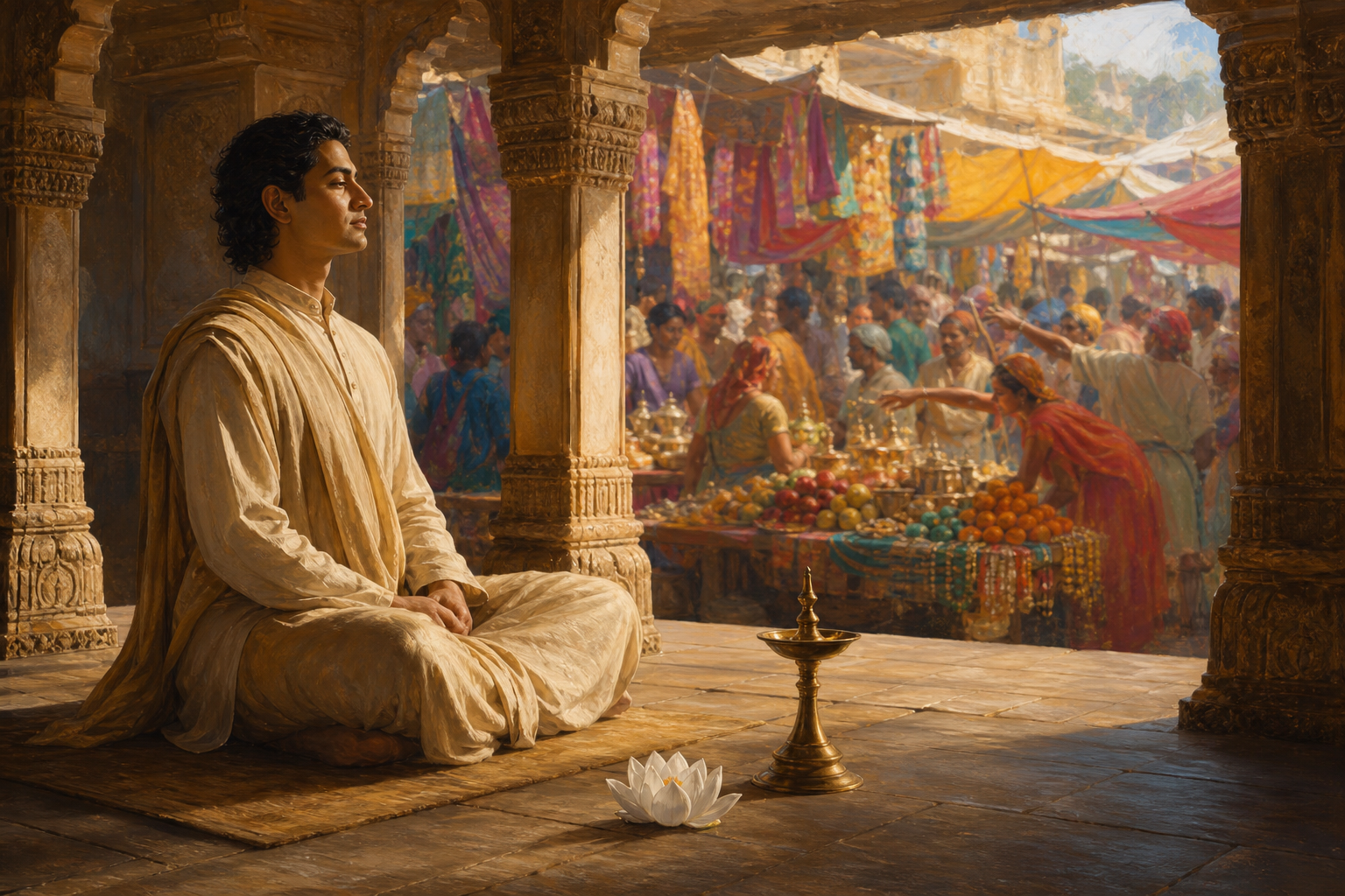 A calm person sits with a lotus in a stone pavilion while a colorful, busy marketplace appears in the background.