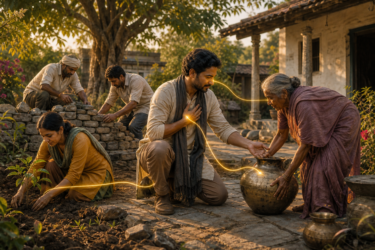 A person helps an elderly neighbor lift a water vessel as others plant a sapling and repair a stone boundary in a village courtyard.