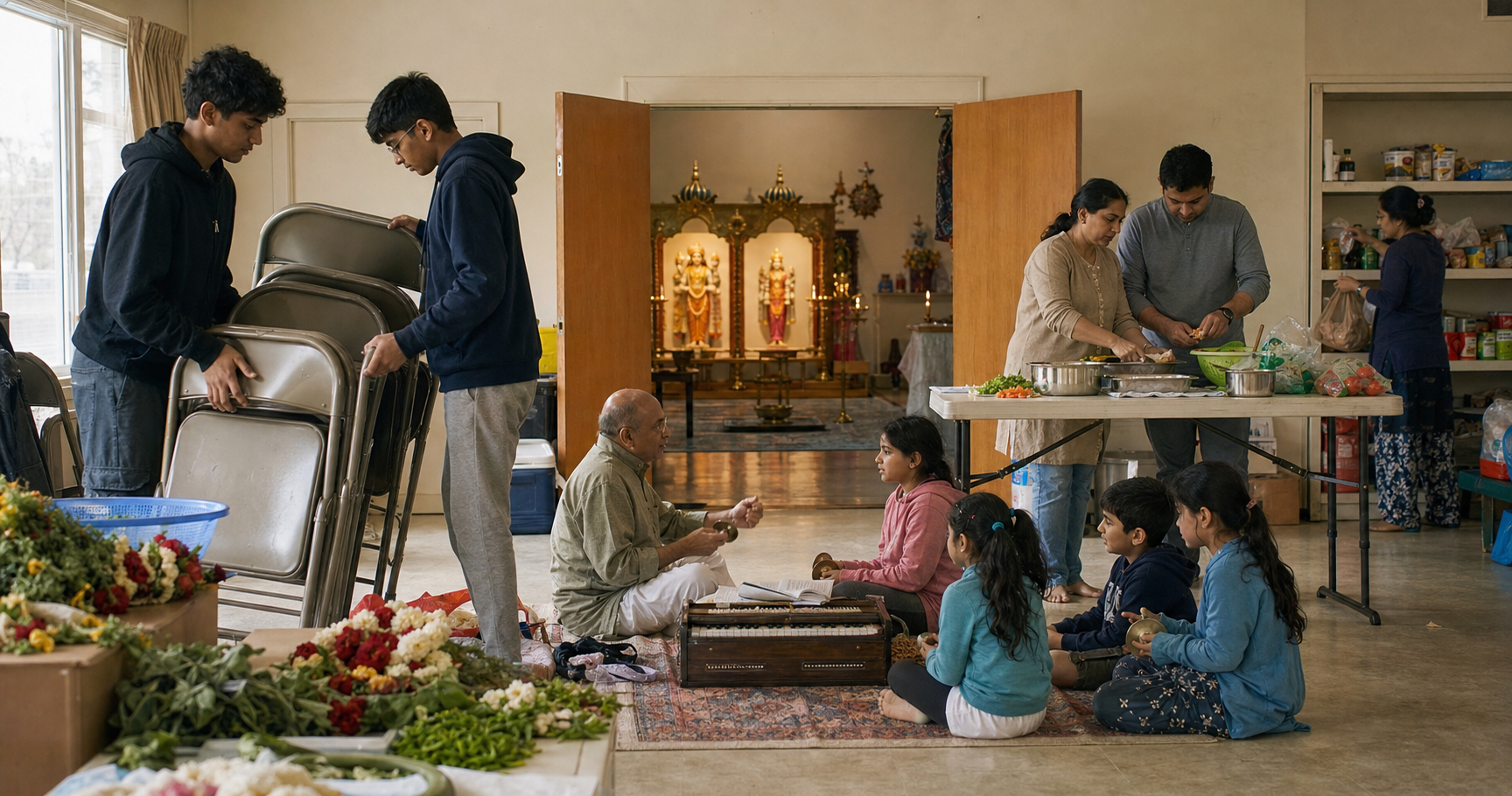 Children learn devotional music while adults and teenagers prepare food, flowers, chairs, and community supplies at a temple center.