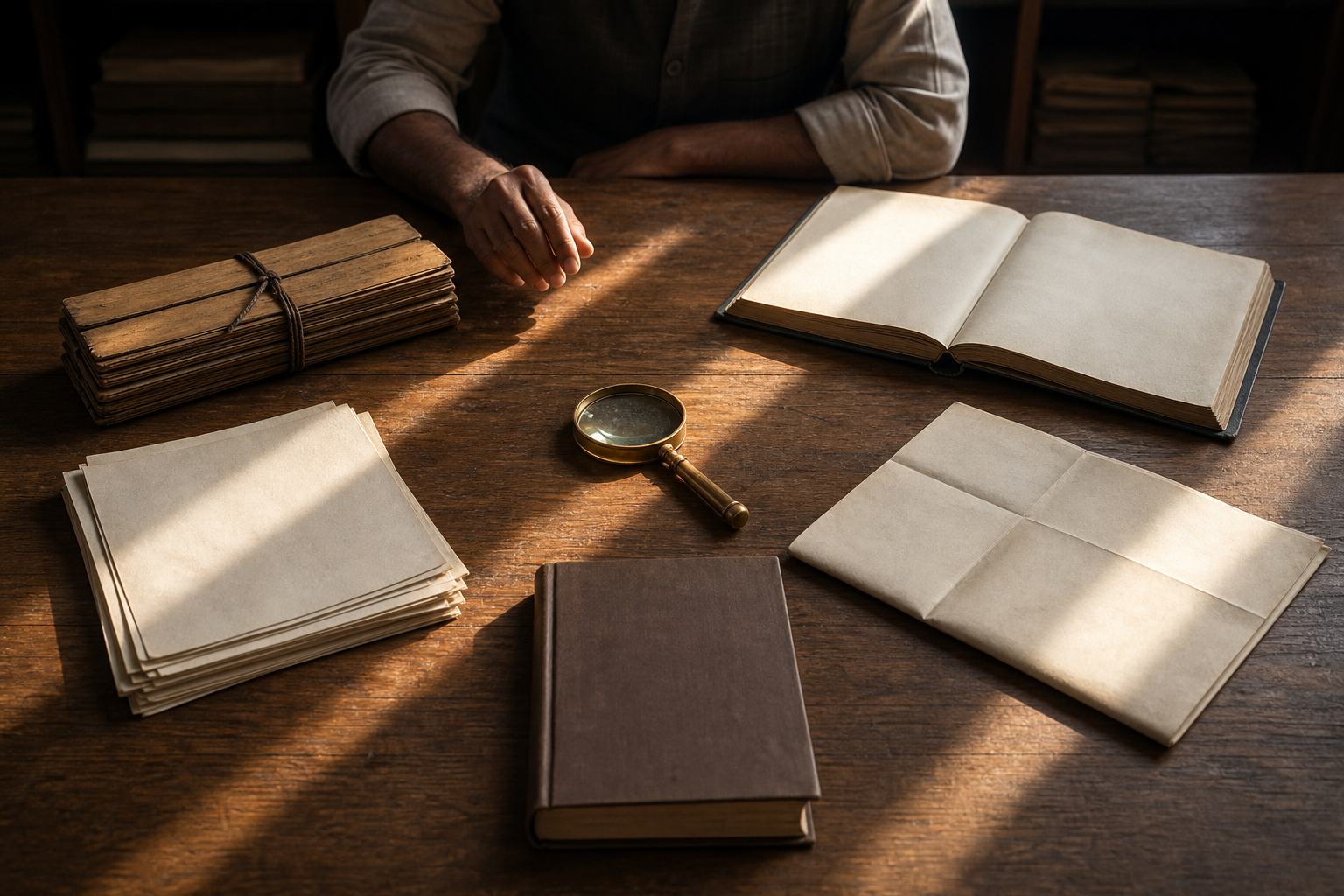 A researcher examines five groups of historical sources on a wooden table, including a manuscript, census ledger, petitions, map, and legal volume.