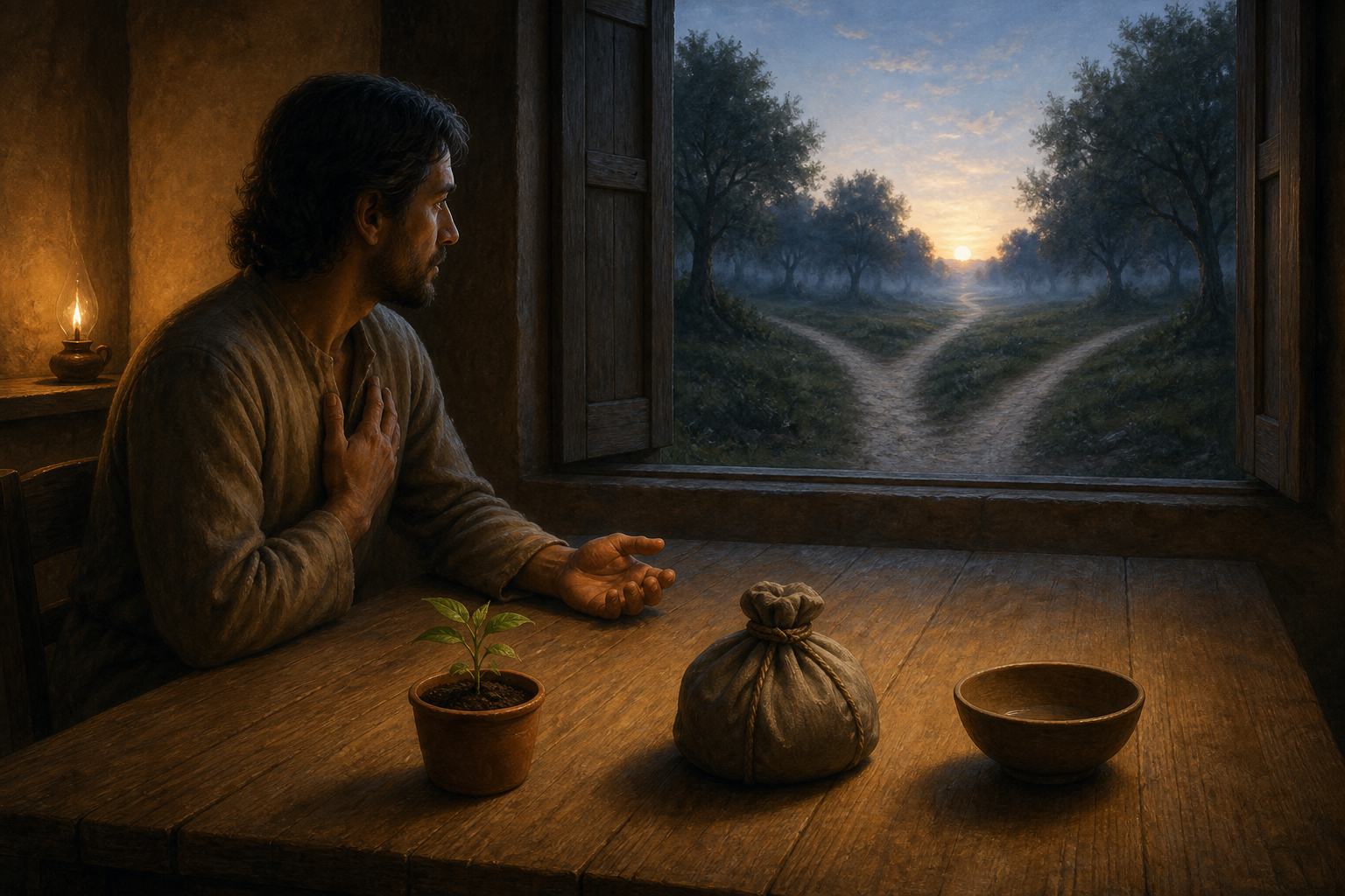 A contemplative person sits before three symbolic objects while two paths diverge through a misty grove outside an open window.