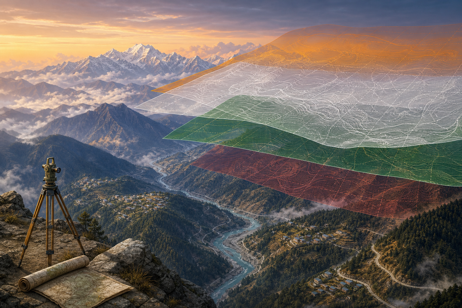 Editorial illustration of Arunachal Pradesh's mountainous landscape beneath overlapping translucent map layers, with surveying equipment in the foreground.