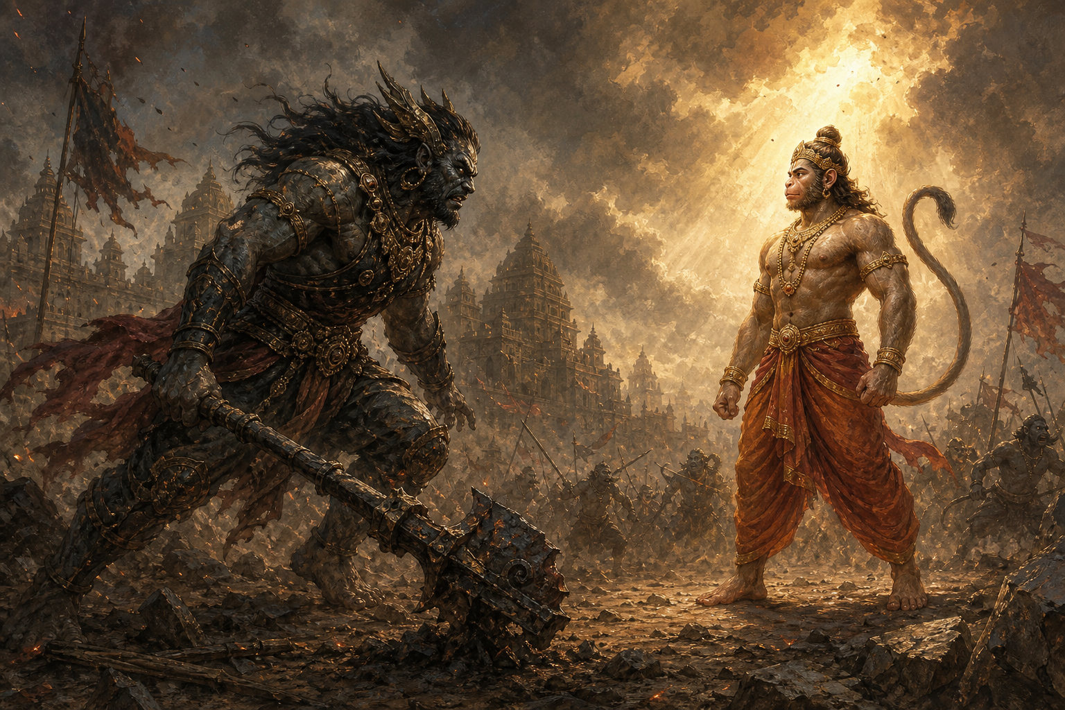 Nikumbh faces Hanuman on the battlefield outside Lanka while holding a broken iron war club amid smoke and scattered debris.