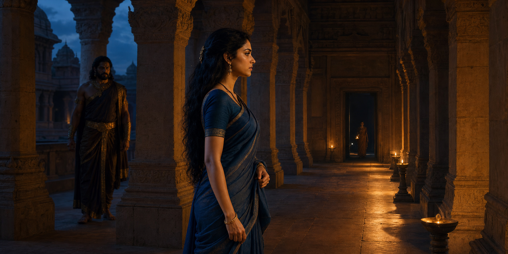 Draupadi stands resolutely in a lamplit palace corridor while an imposing man remains behind her and a concealed ally waits near a distant doorway.