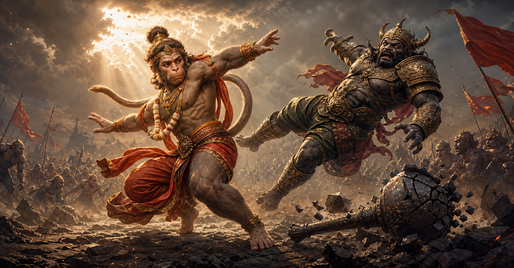 Hanuman breaks free and counters Nikumbh as the rakshasa warrior loses his footing beside a shattered iron club.