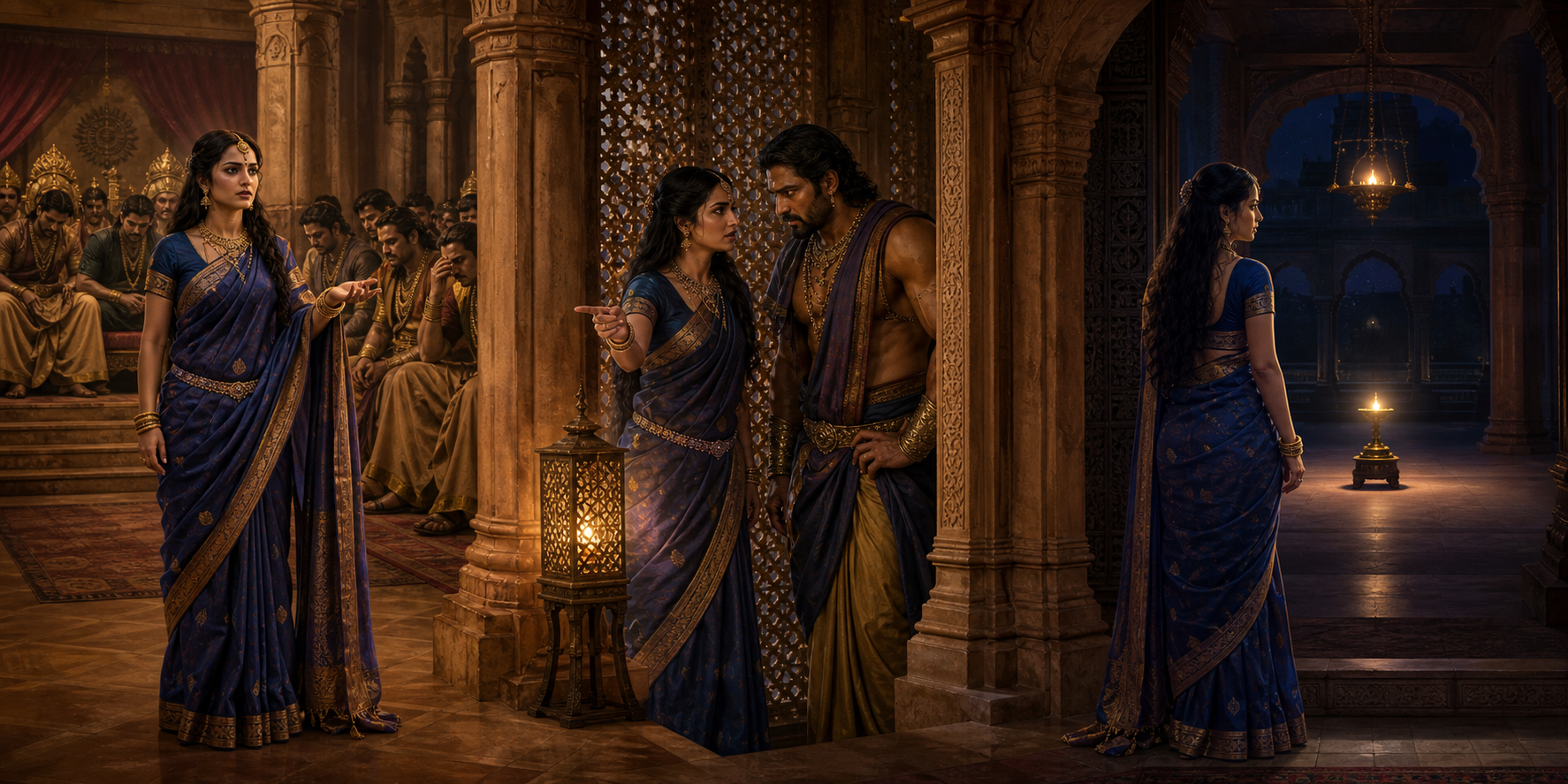 A continuous palace scene shows Draupadi addressing an unresponsive court, planning privately with Bhima, and preparing for action in an empty hall.
