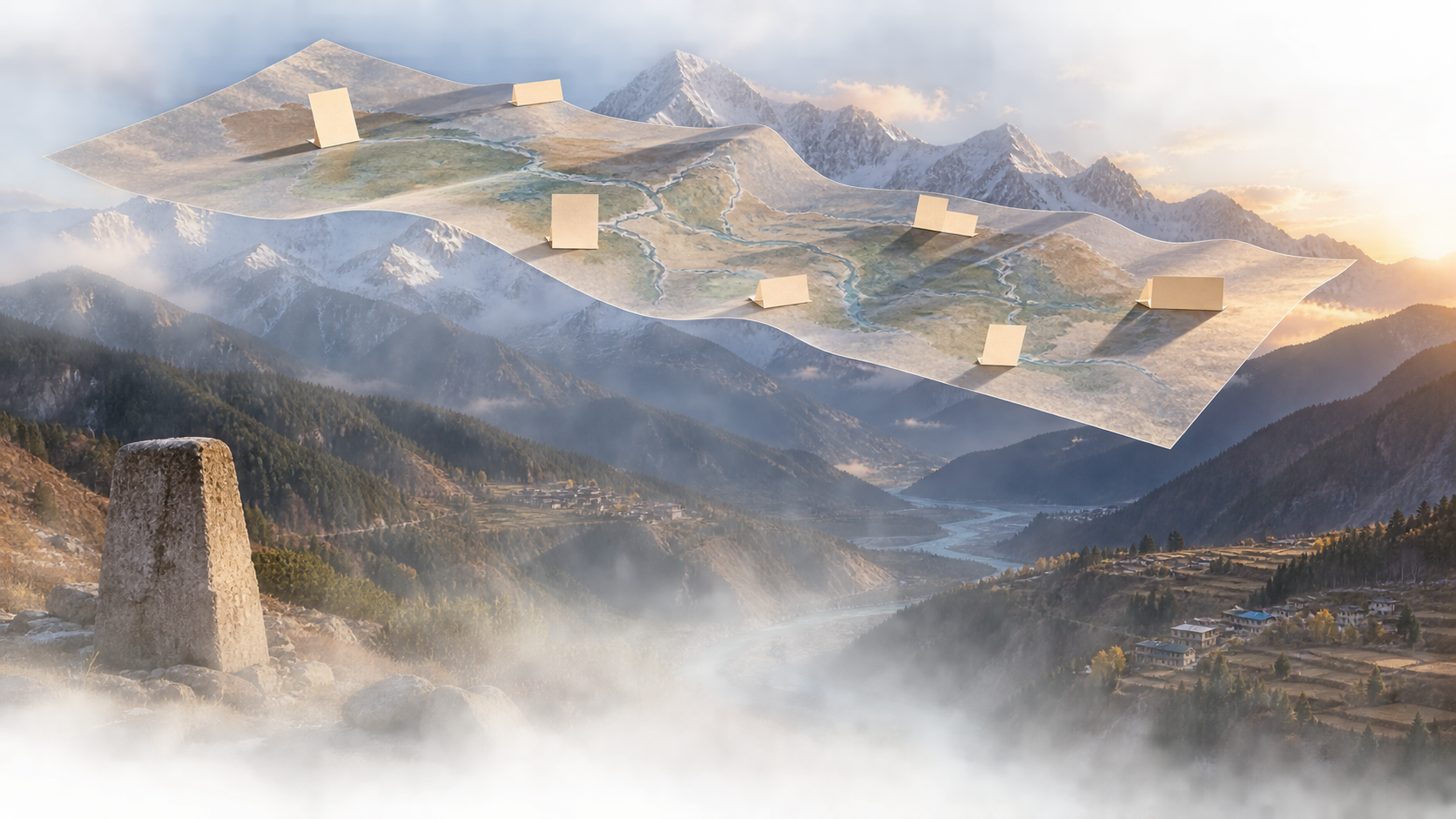 Blank map labels being moved on a transparent sheet above an unchanged Himalayan ridge, river valley and border marker.