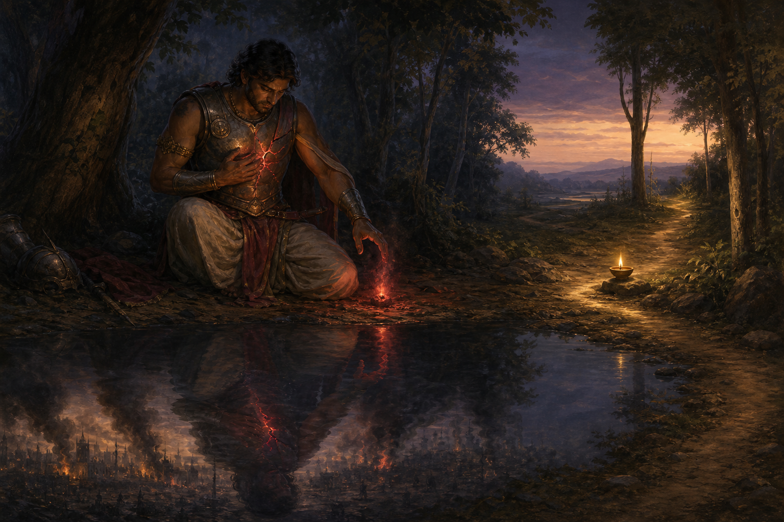A seated warrior studies a glowing ember beside a forest pool while a separate lamp-lit path leads toward a calm horizon.