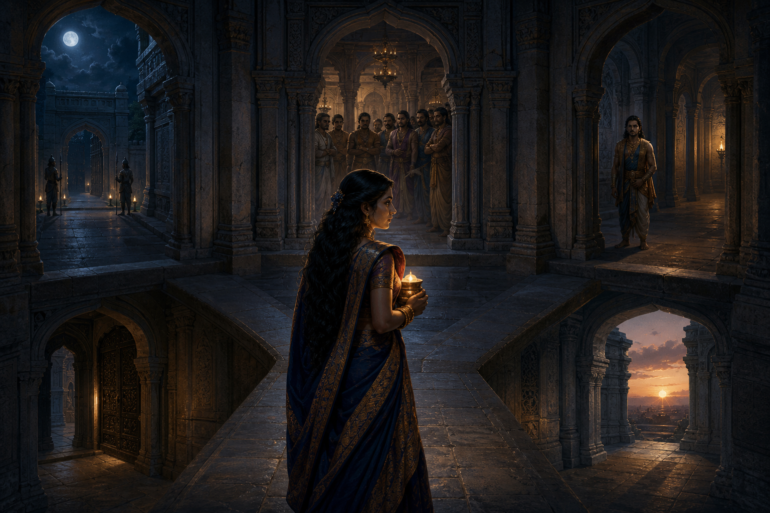 Draupadi protects a small lamp while considering five palace passages containing a guarded exit, courtiers, an ally, a hidden doorway, and dawn light.