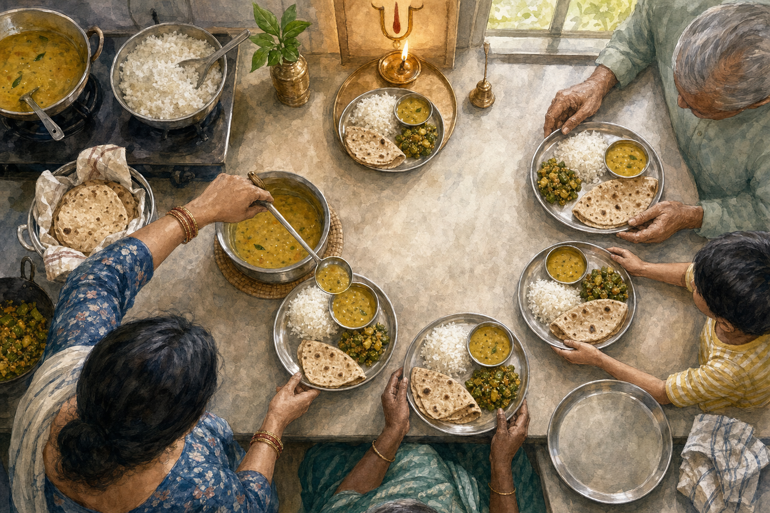 Hands arrange vegetarian meal portions beside a small devotional offering, with several plates prepared before the cook's own plate.