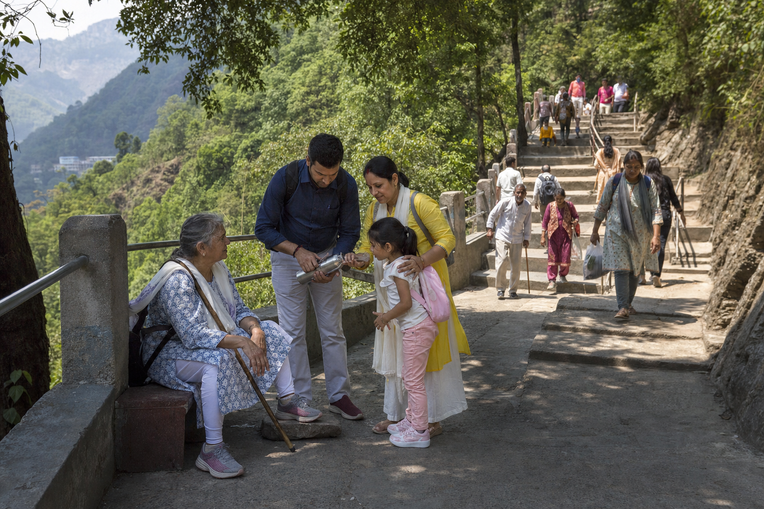 A multigenerational family rests, drinks water, and supports one another on the steep forested pilgrimage steps.