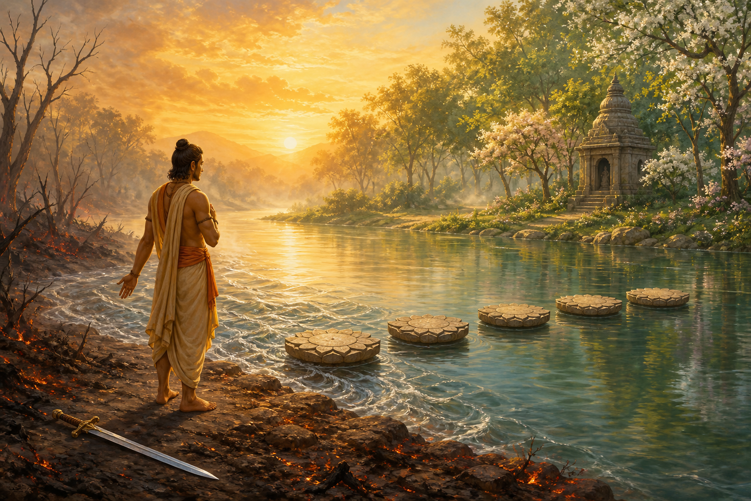 A traveler pauses beside a set-aside sword before crossing five lotus-shaped stones from a scorched riverbank to a peaceful grove.