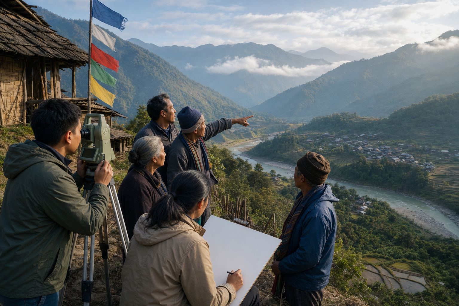 A civilian survey team and local residents observe mountain ridges and a river valley near a settlement in Arunachal Pradesh.