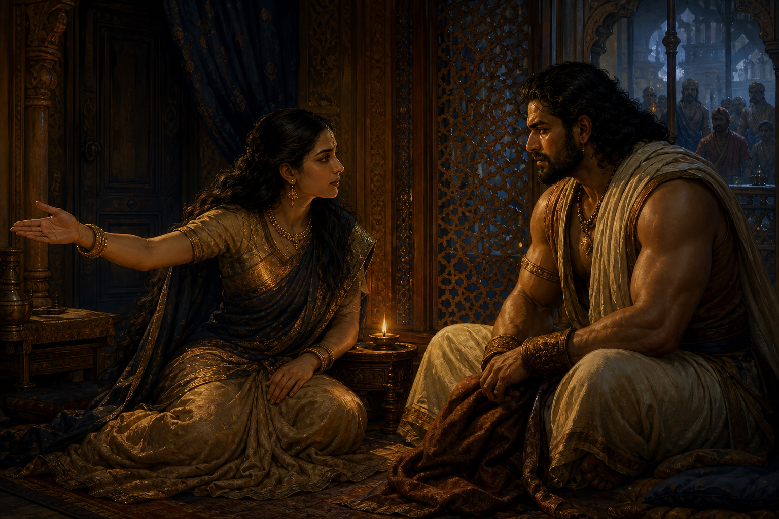 Draupadi explains a plan to an attentive Bhima in a private lamplit chamber while distant courtiers remain outside.