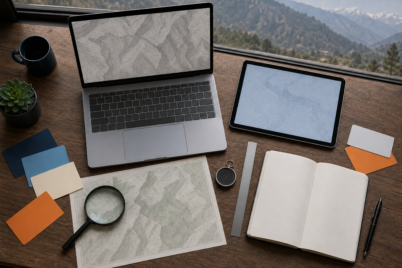 Laptop, tablet, printed map, compass and magnifying glass arranged for comparison beside a view of Himalayan foothills.