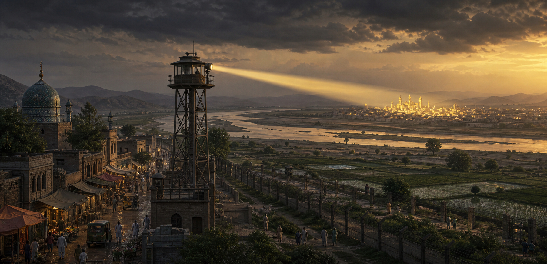 Editorial illustration of a Pakistani civilian landscape beside the India-Pakistan border, with a military watchtower directing a searchlight toward a distant Indian town while a river and sky extend across both sides.