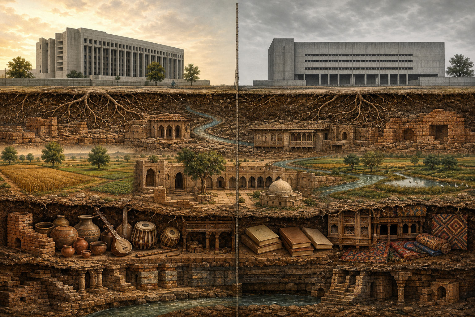 Conceptual cross-section showing a continuous landscape of ruins, fields, a shrine courtyard, crafts, and manuscripts beneath two divided modern government buildings.