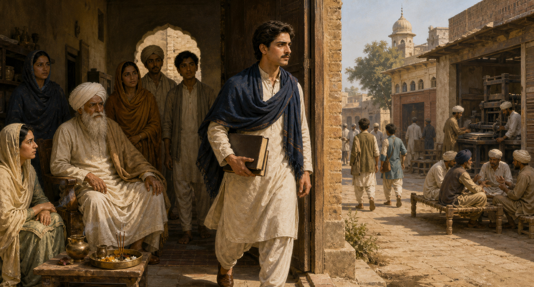 A young Punjabi reformer leaves a multigenerational courtyard home for a lane containing a school, businesses, a printing press, and public gatherings in late-19th-century Punjab.