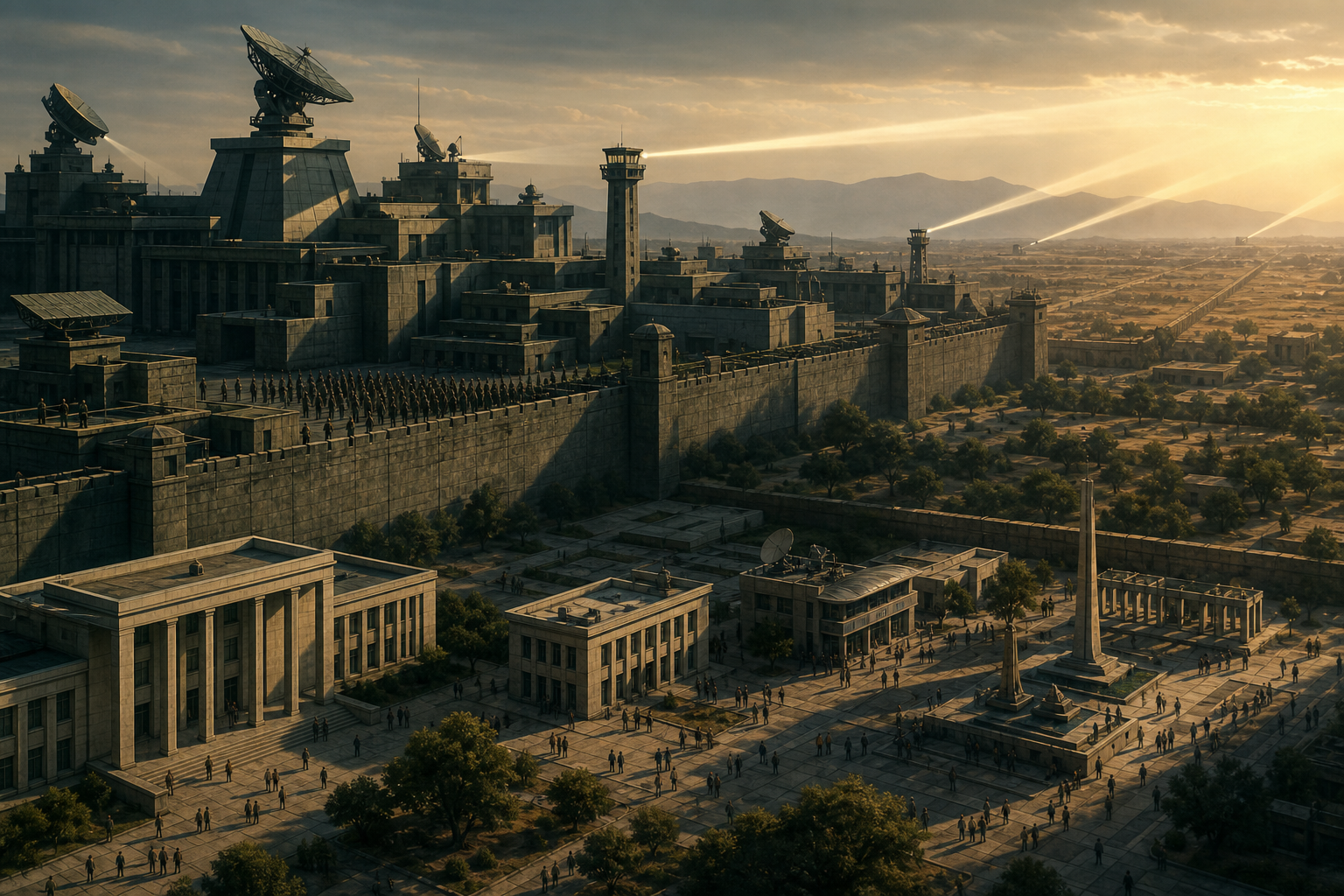 Editorial illustration of a large fortified military complex casting its shadow over civic buildings and a public square while its watchtowers face an eastern border.