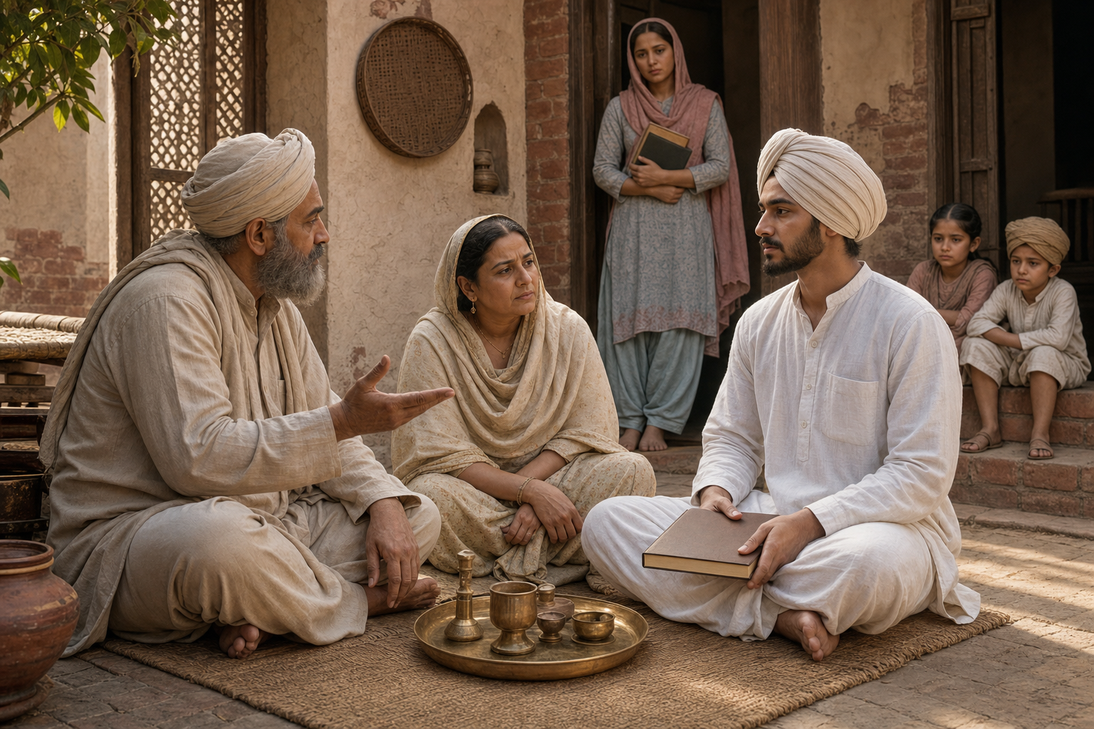 Several generations of a Punjabi family sit in a tense courtyard discussion beside a ritual tray, books, and school materials.