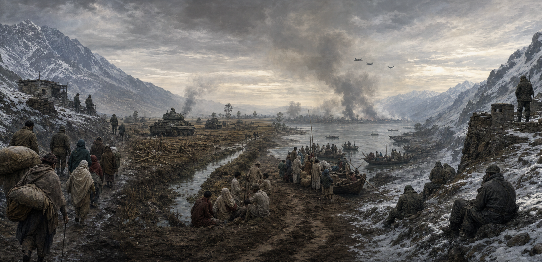 Four connected historical scenes show displaced families in a mountain pass, tanks on the Punjab plains, civilians beside boats in a Bengal delta, and soldiers at a snowbound mountain outpost.