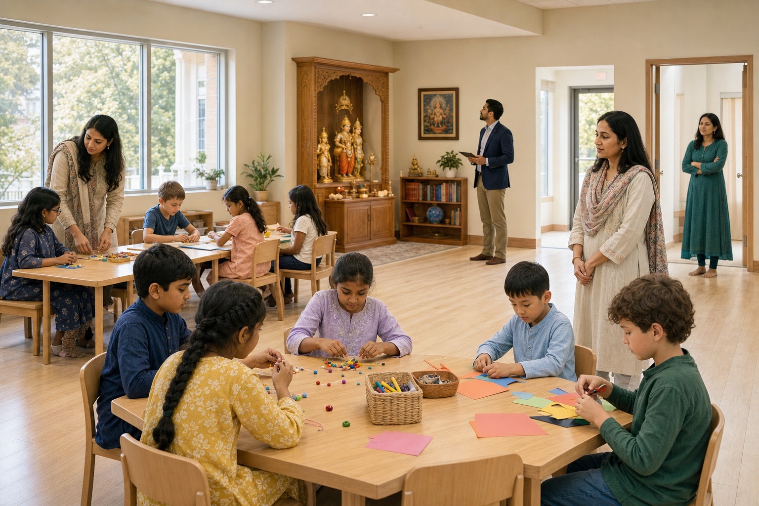 Children participate in a supervised temple classroom activity as a parent and safeguarding reviewer observe the open, visible space.