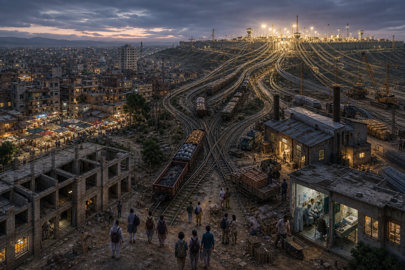 Conceptual cityscape in which rail lines, power cables, cranes, and construction supplies converge on a floodlit border fortress while a school, clinic, factory, and housing remain unfinished.