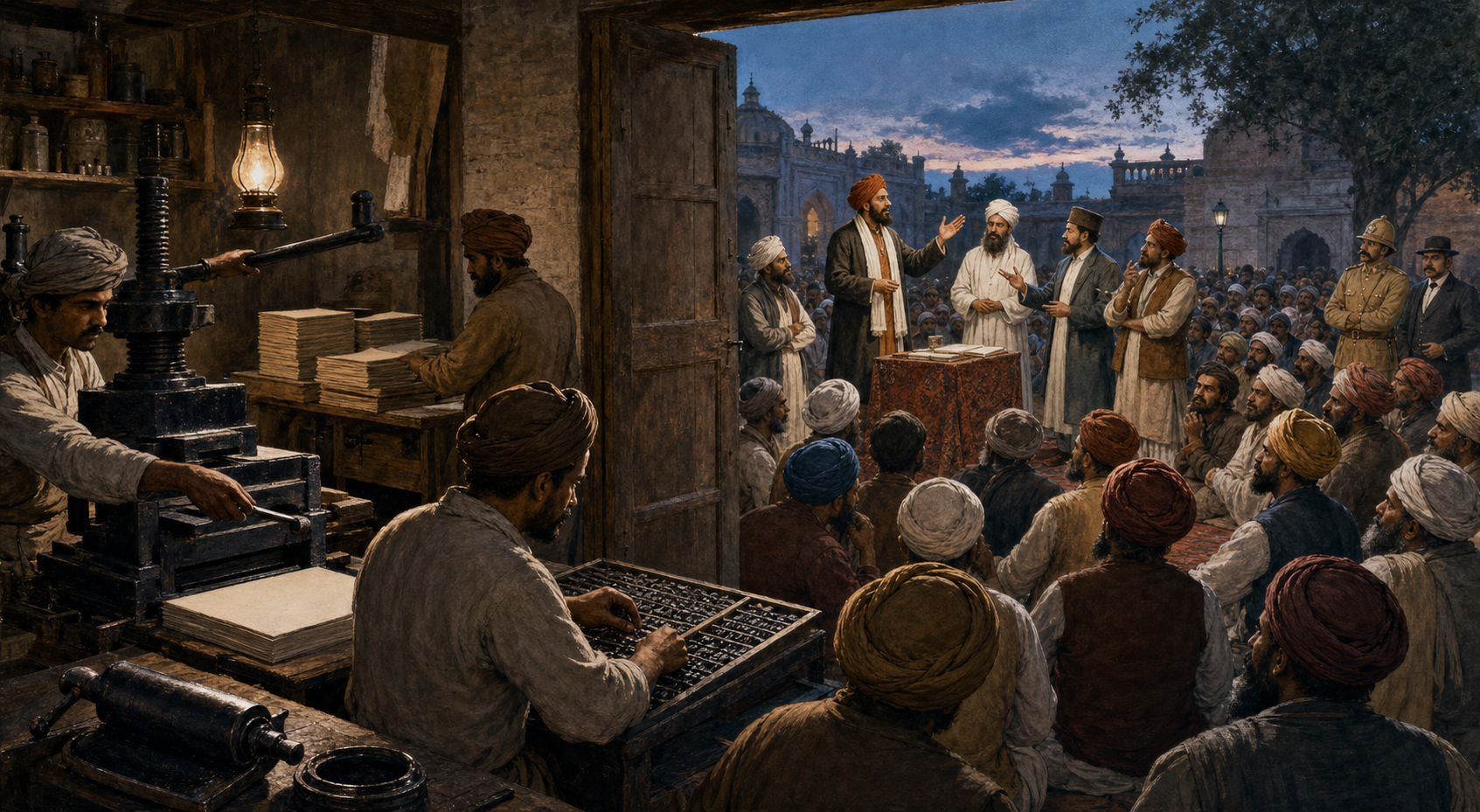 Printers work a hand press beside a crowded Punjabi courtyard where reformers and opponents debate as officials observe.