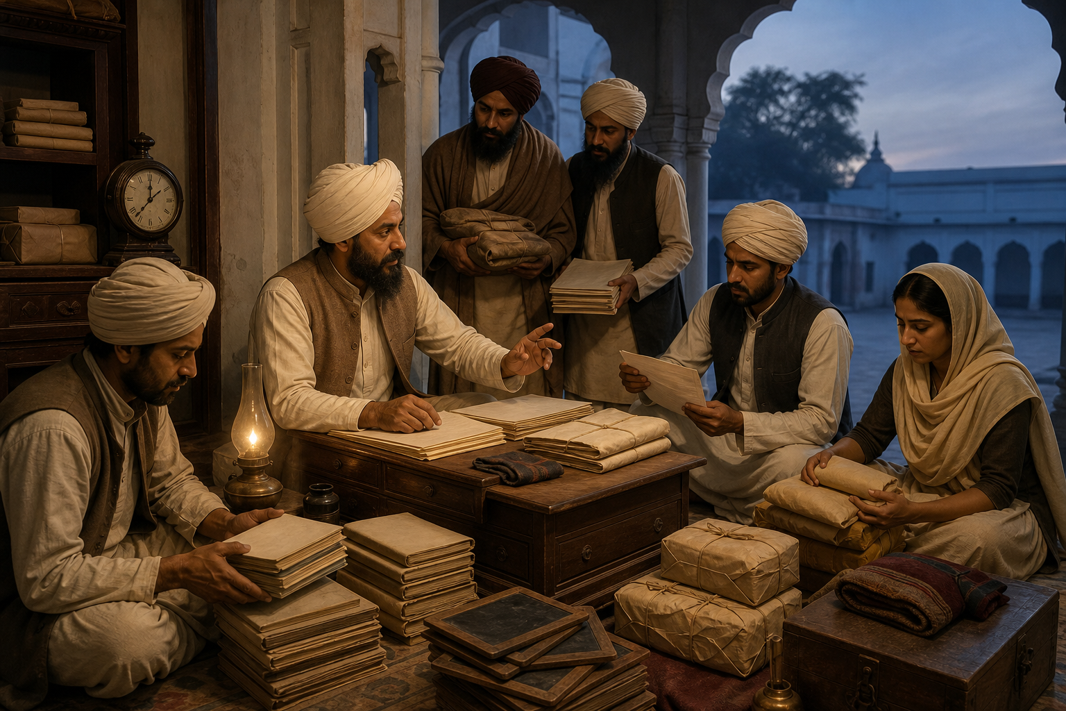 A middle-aged Punjabi reform organizer representing Munshi Ram directs volunteers sorting books, slates, correspondence, and supplies by lamplight.
