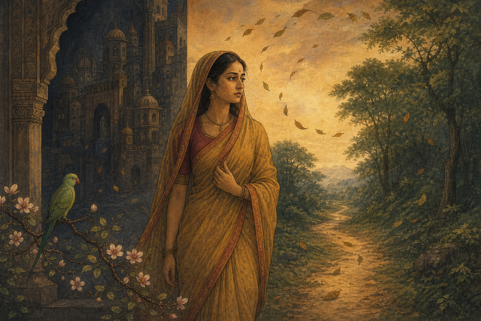 Sita stands between a shadowed palace and a forest path while a green parrot perches on a flowering branch nearby.