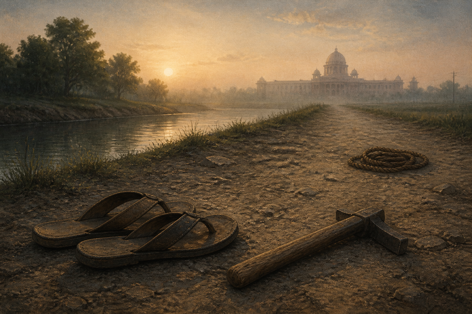 Worn sandals and a hand tool lie beside an empty canal-side path, with a courthouse silhouette visible through the dawn haze.