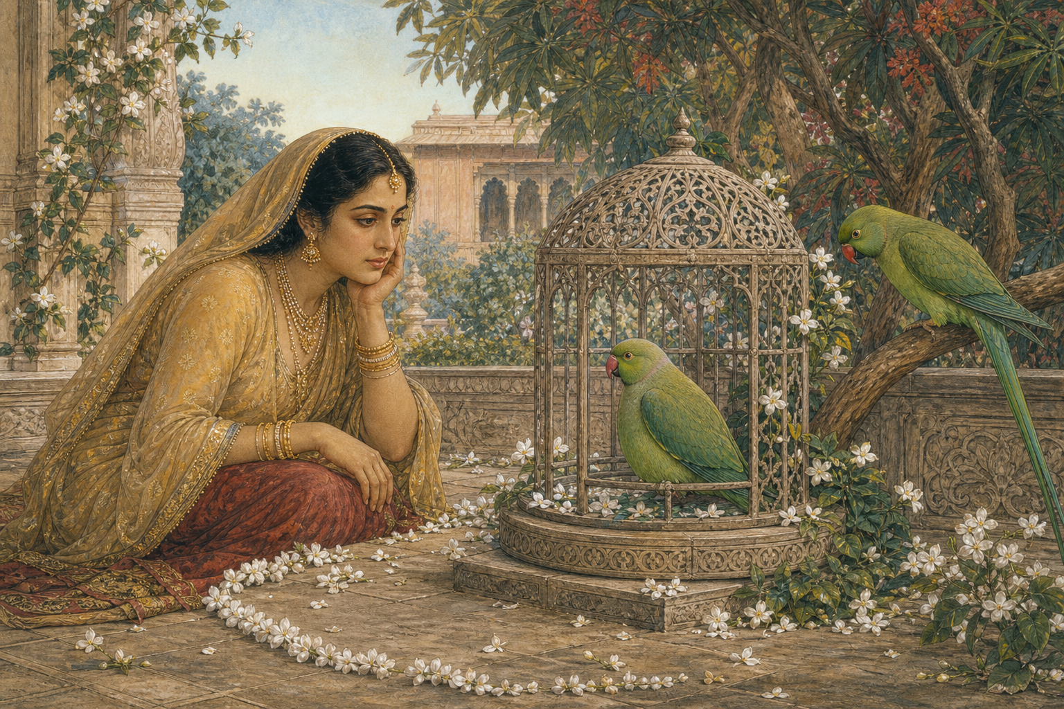 Sita stands in a palace garden beside an enclosed pregnant parrot as another parrot waits on a nearby branch.