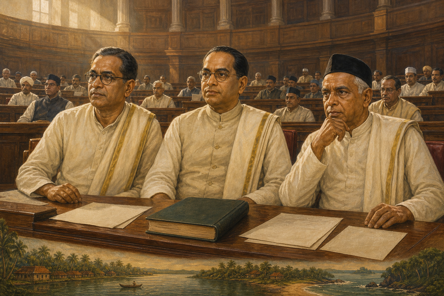 Editorial illustration of Pattom A. Thanu Pillai, R. Sankar, and Panampally Govinda Menon seated at desks in a late-1940s Constituent Assembly chamber, with a closed constitutional volume and a subtle Kerala landscape motif.