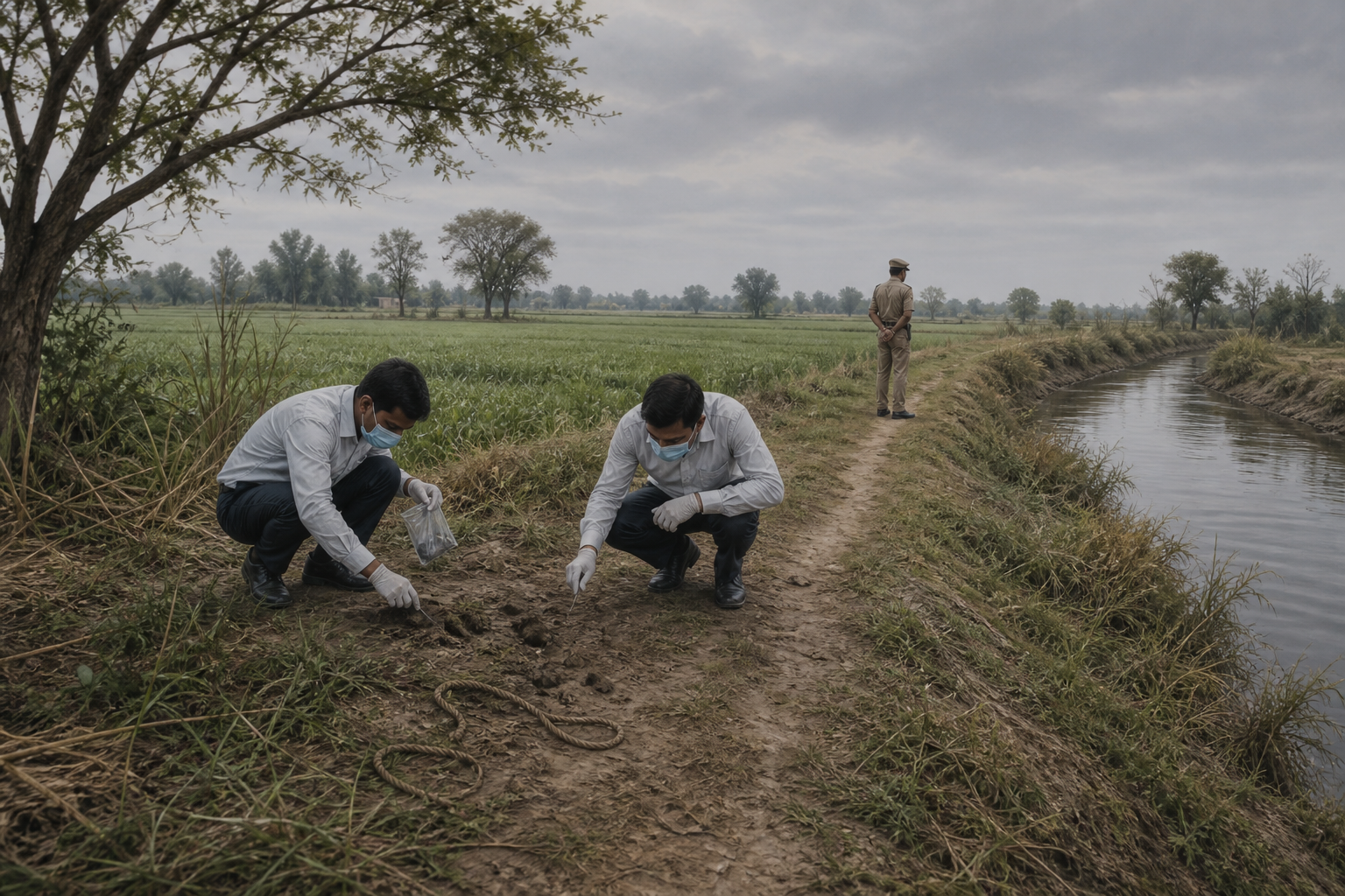 Forensic investigators examine disturbed soil and a discarded rope beside a secured rural canal path.