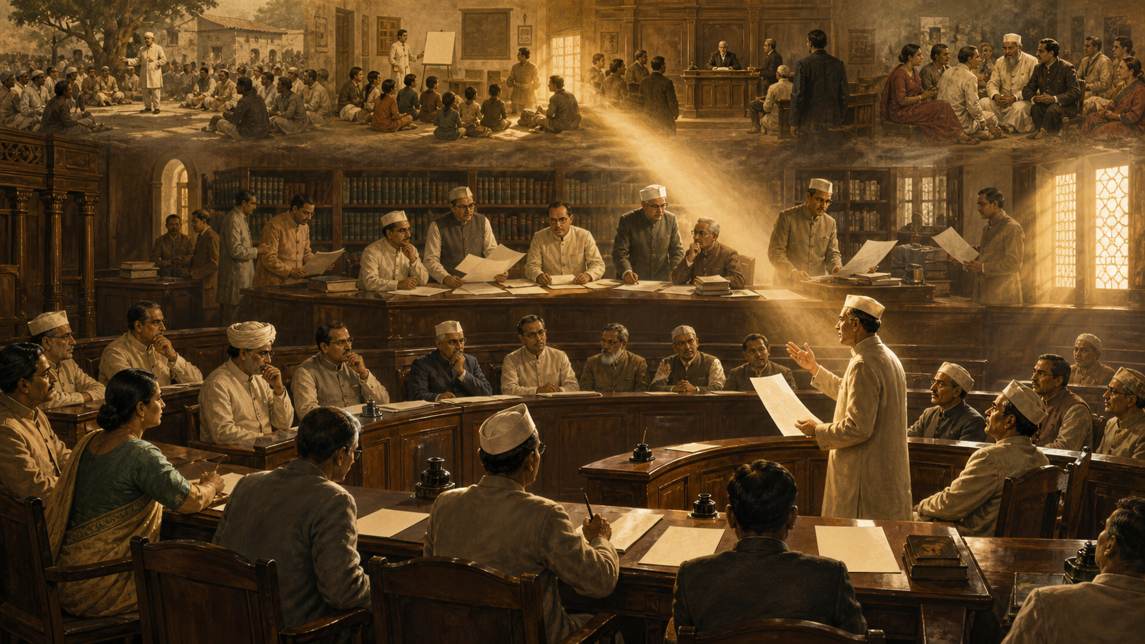 Layered illustration showing Constituent Assembly debate in the foreground, legal and administrative work in the middle, and earlier educational, judicial, and social reform activity in the background.