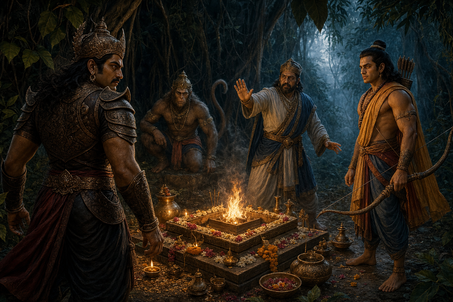 Lakshmana, Vibhishana, and Hanuman face Indrajit beside an unfinished fire ritual in a dark forest sanctuary.