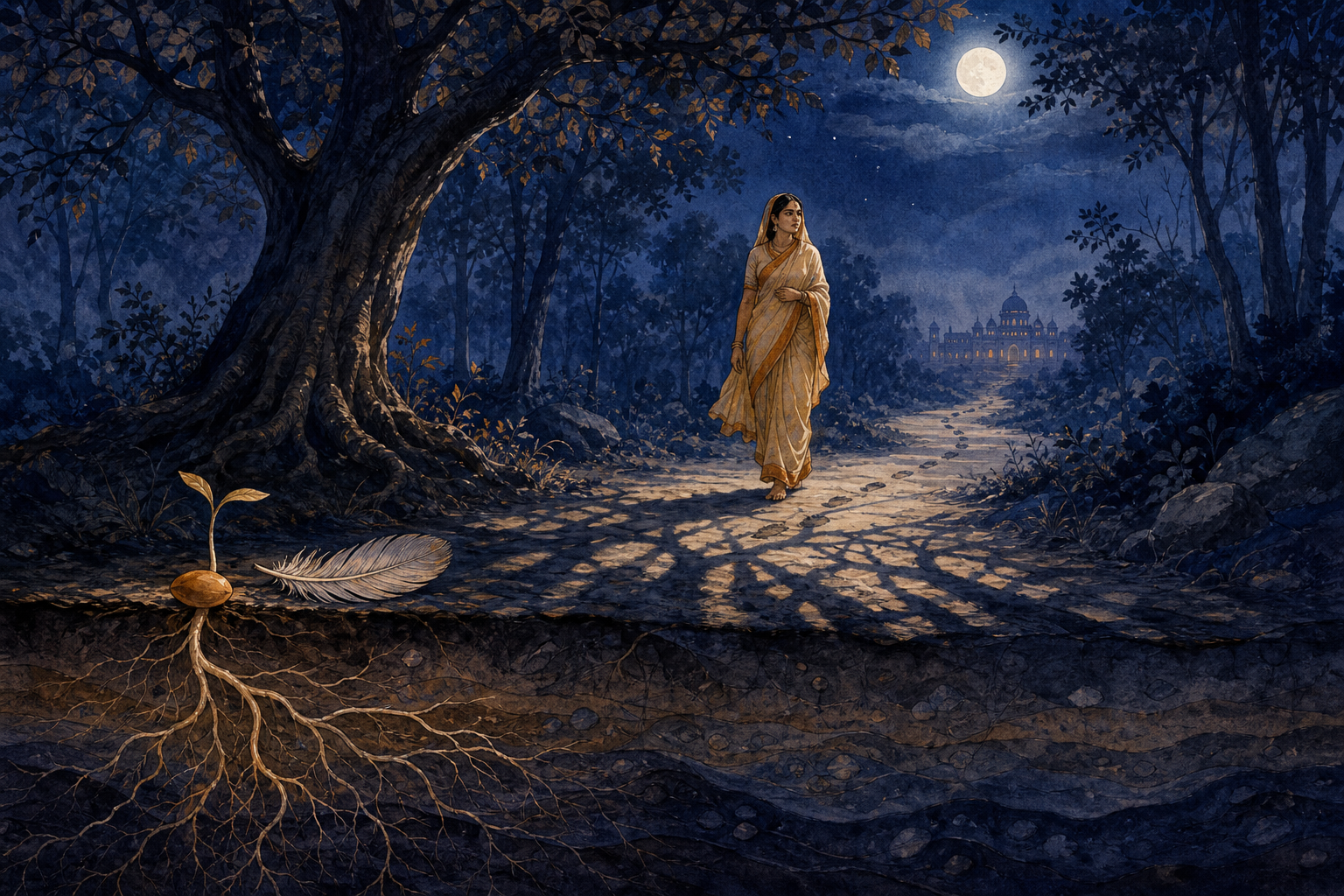Sita walks alone through a moonlit forest as a feather, a rooted seed, and footprints form symbols of connected causes around her path.