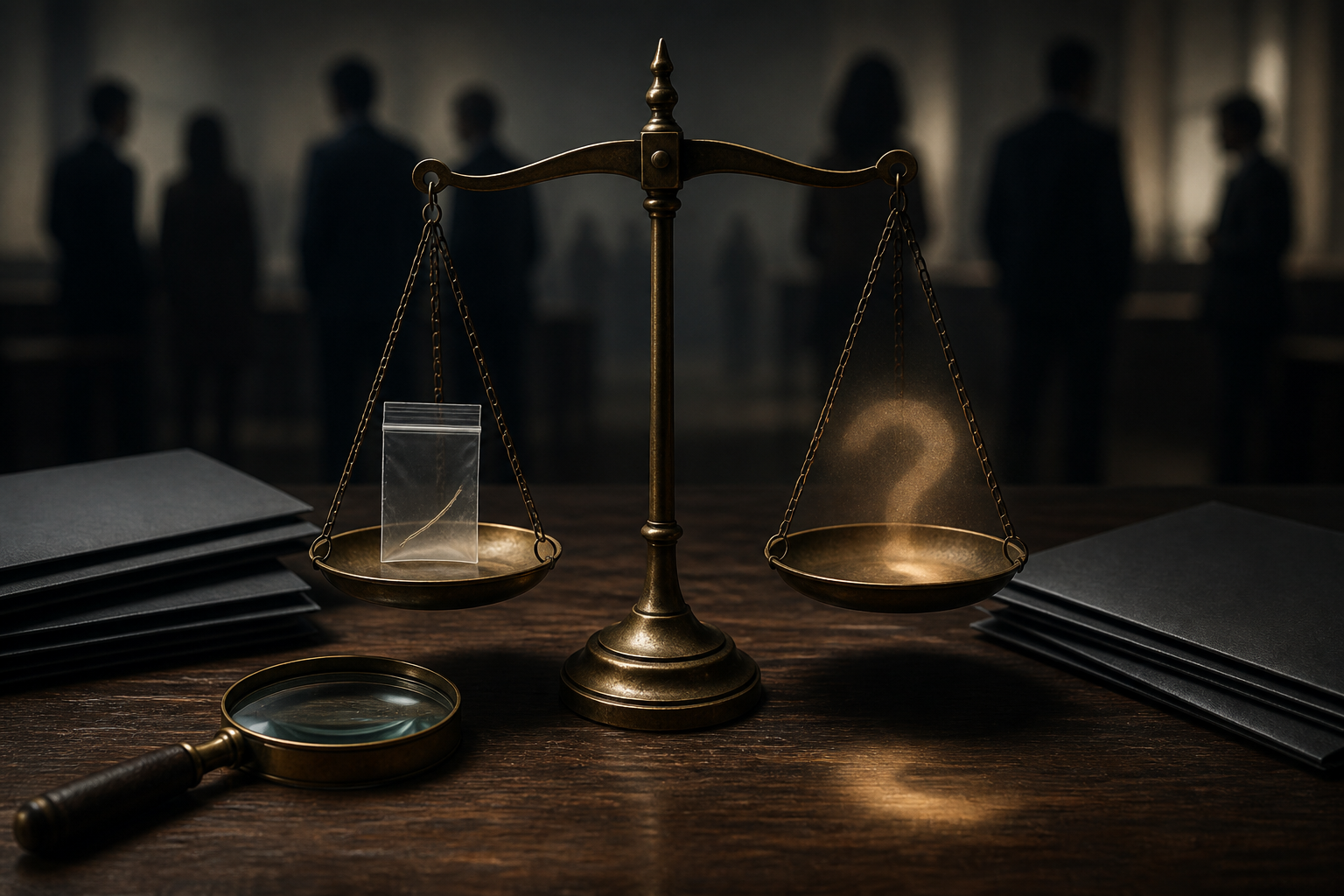 A brass balance, sealed evidence pouch, magnifying lens, and unmarked case folders sit on an investigation desk.
