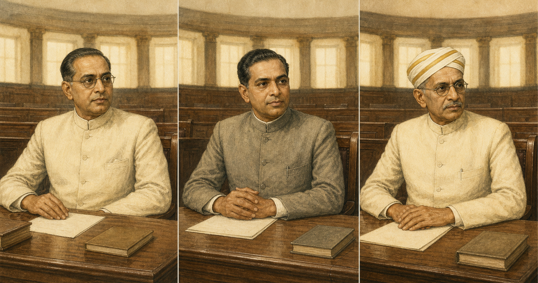 Equal three-panel illustration of Pattom A. Thanu Pillai, R. Sankar, and Panampally Govinda Menon seated at separate desks against a softly blurred Constituent Assembly interior.