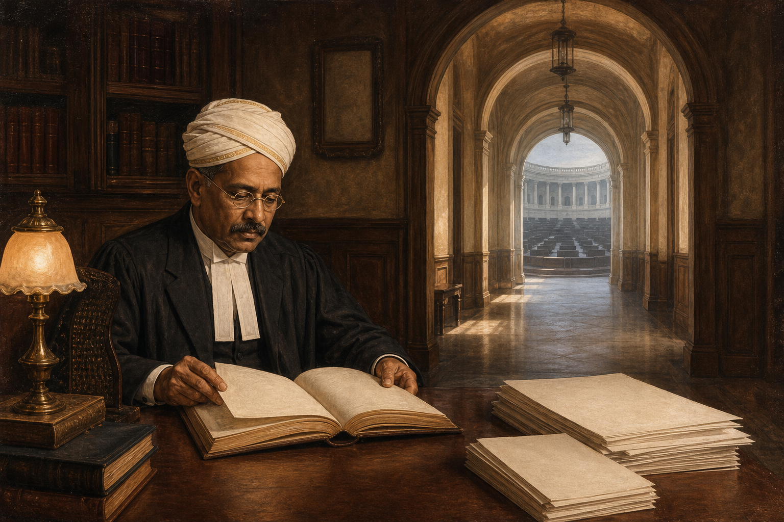 Illustration of C. Sankaran Nair working in an early-20th-century legal study, with an empty future assembly chamber visible far beyond a separating corridor.