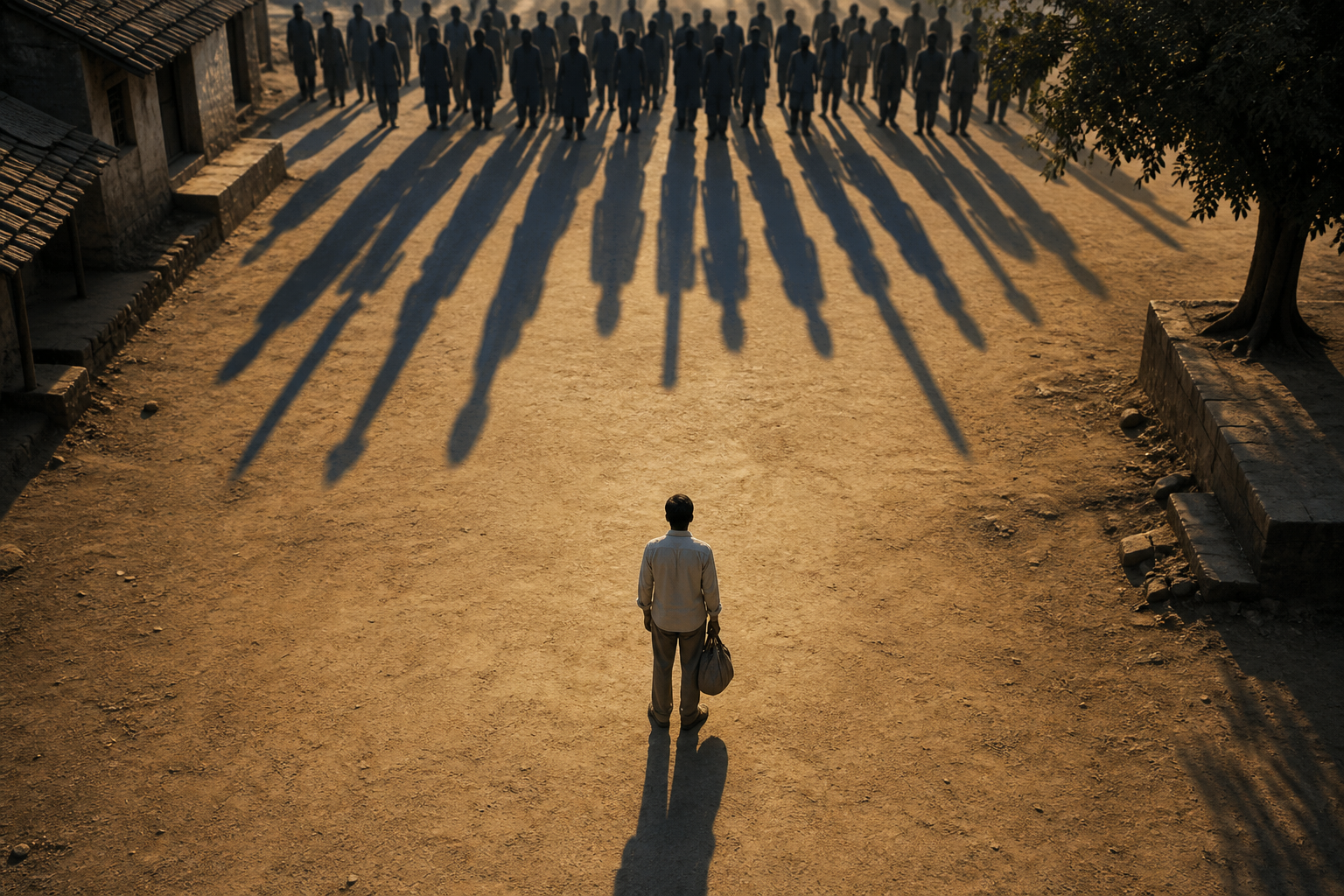 A lone laborer stands in a village lane as the long shadows of an anonymous crowd converge nearby.