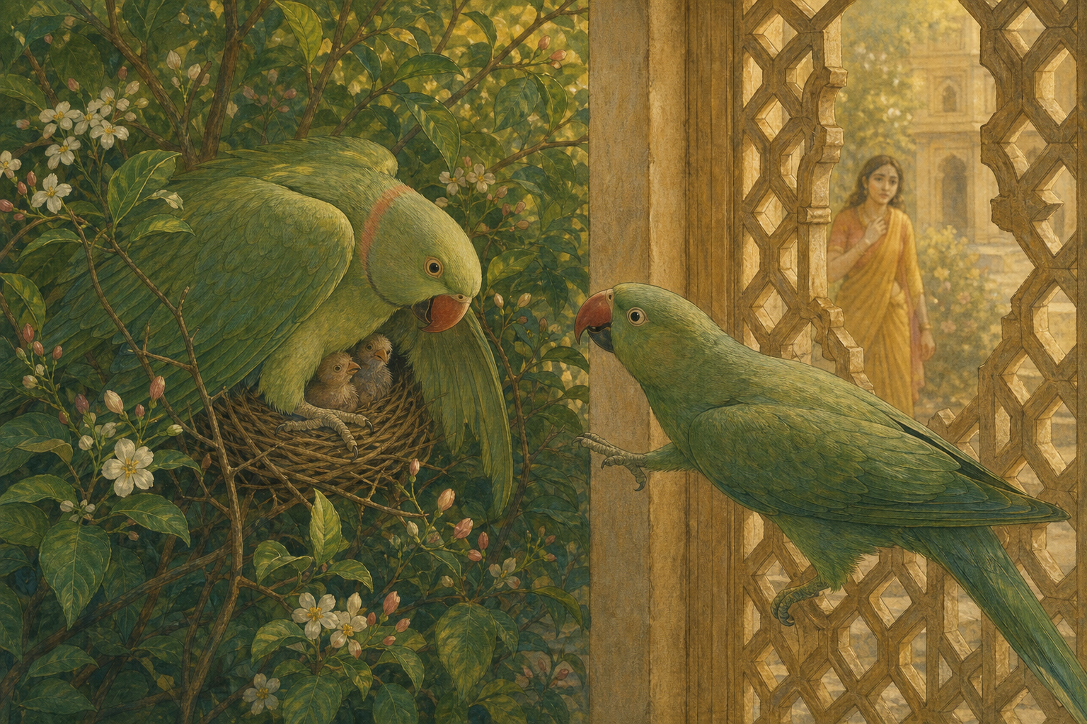 Two green parrots are separated by a palace lattice near a nest while Sita watches from the softly focused garden background.