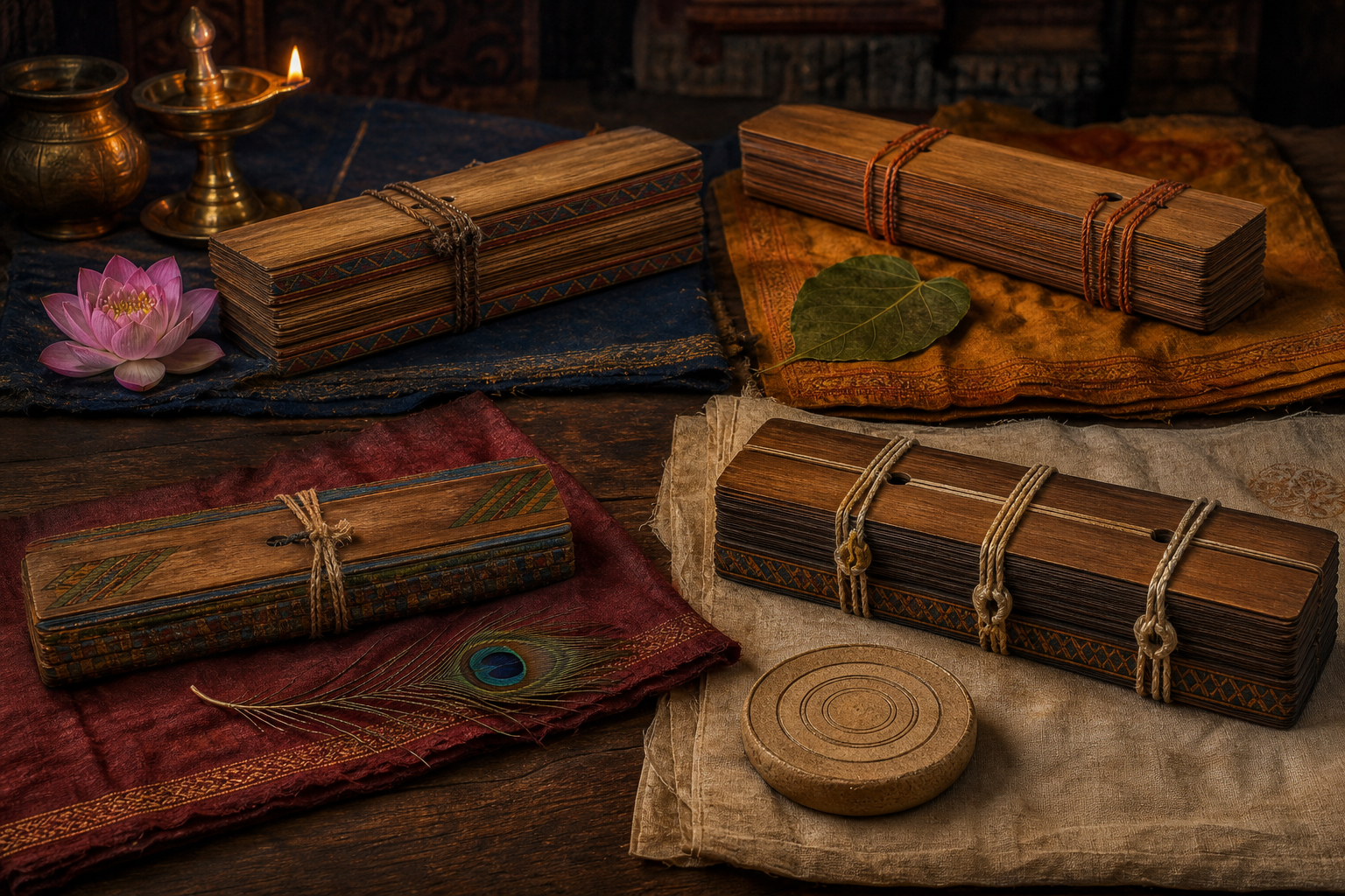 Several distinct palm-leaf manuscript bundles lie on layered cloth beside a lotus, a forest leaf, and a green parrot feather.