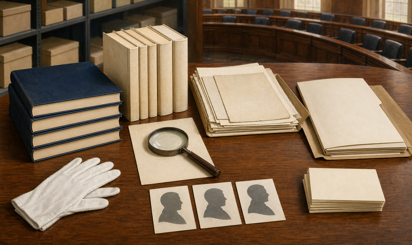 Research desk with plain archival volumes, committee papers, correspondence folders, portrait silhouettes, gloves, and a magnifying glass, with constitutional chamber benches in the background.